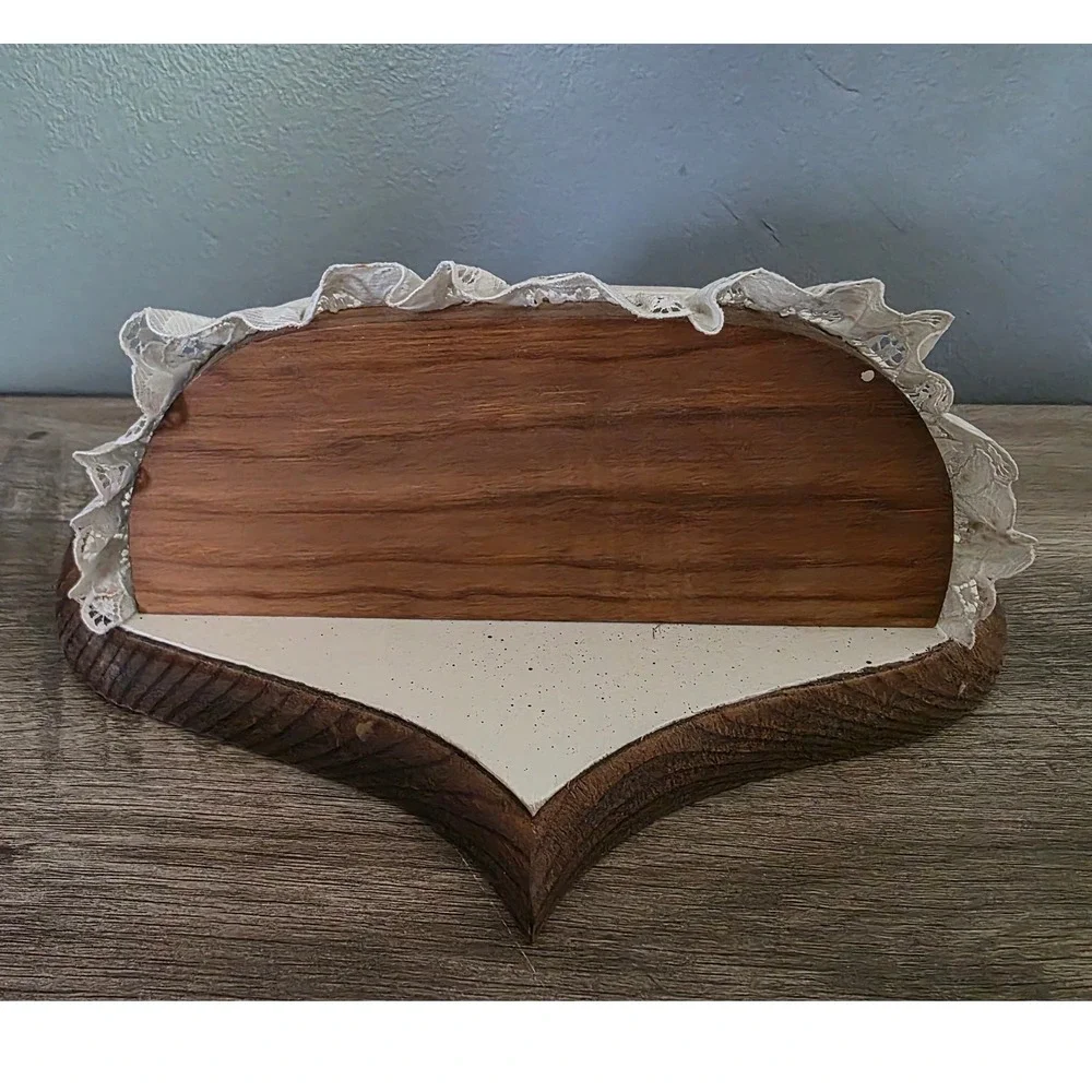 Vintage Cottagecore Wooden Heart Wall Shelf Hand Painted Roses Lace Trim 11x9